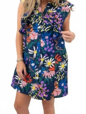 Entro Navy Floral Cotton Ruffle Mini Dress Button Up Pocket Summer Boho Vibrant